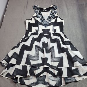Bebe Addiction Medium Black & White Chevron A-Line Dress With Beaded Collar